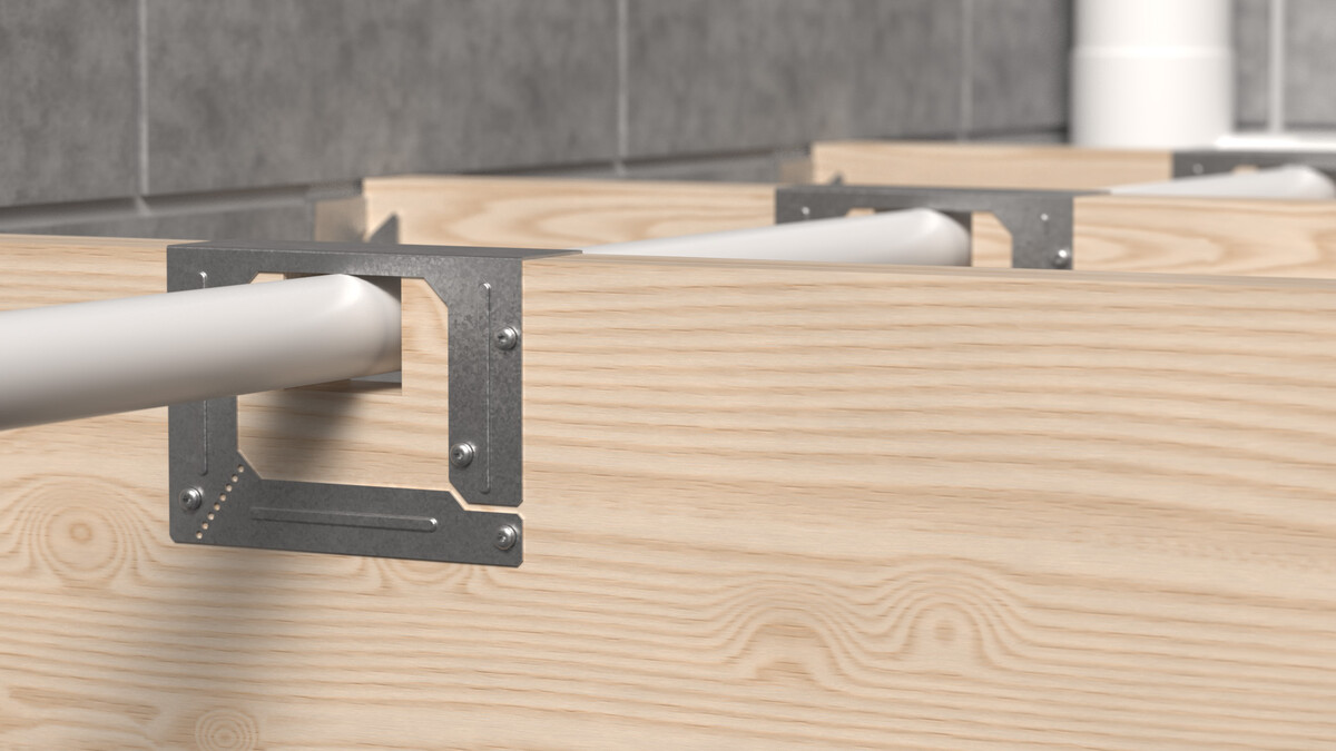 SNRK - Solid Joist Notch Reinforcement Traditionally, solid joists are notched to allow services. This can reduce their strength and exposes the services to possible screw/nail penetration when the floor is fixed. Opportunity to find a way to both strengthen the joists and protect services from above.